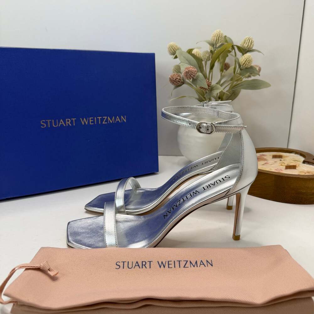 Stuart Weitzman Nunakedcurve 85 Ankle Strap Sandal Silver Women's 9.5B Tried On